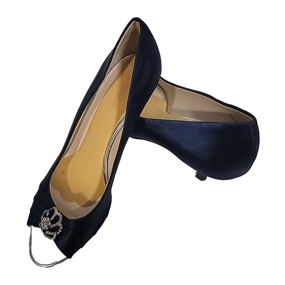 Erijunor Navy Blue Satin Peep-Toe Heels With Rhinestones Size 11B0 - Picture 11 of 14